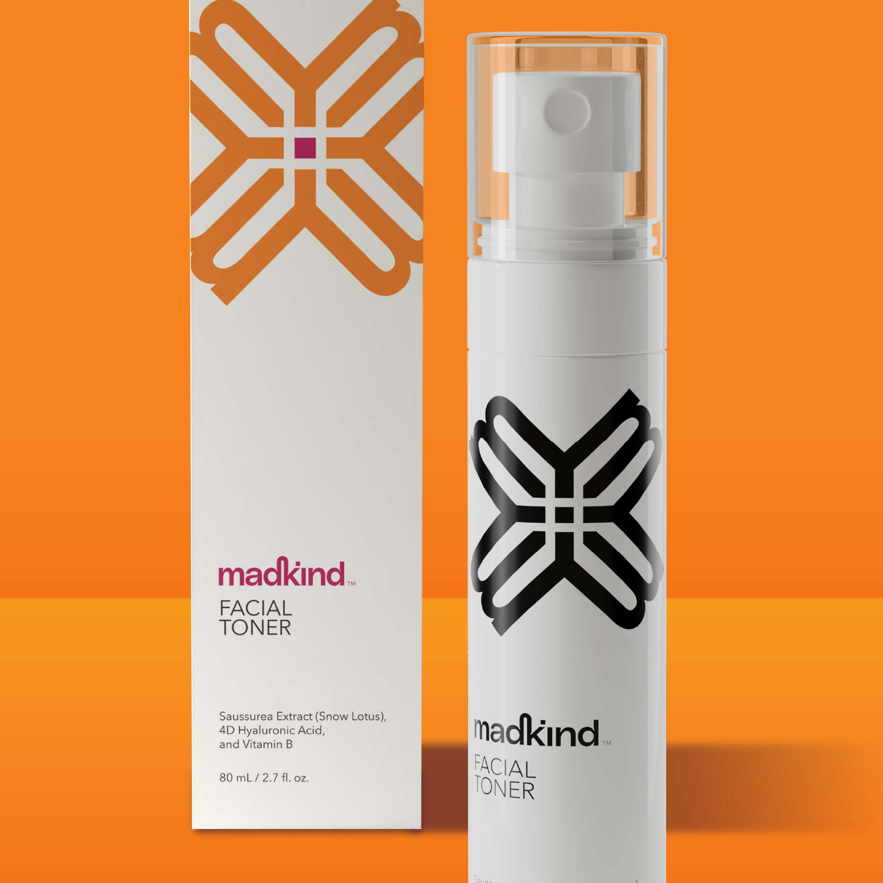 Madkind facial toner bottle and packaging on an orange background